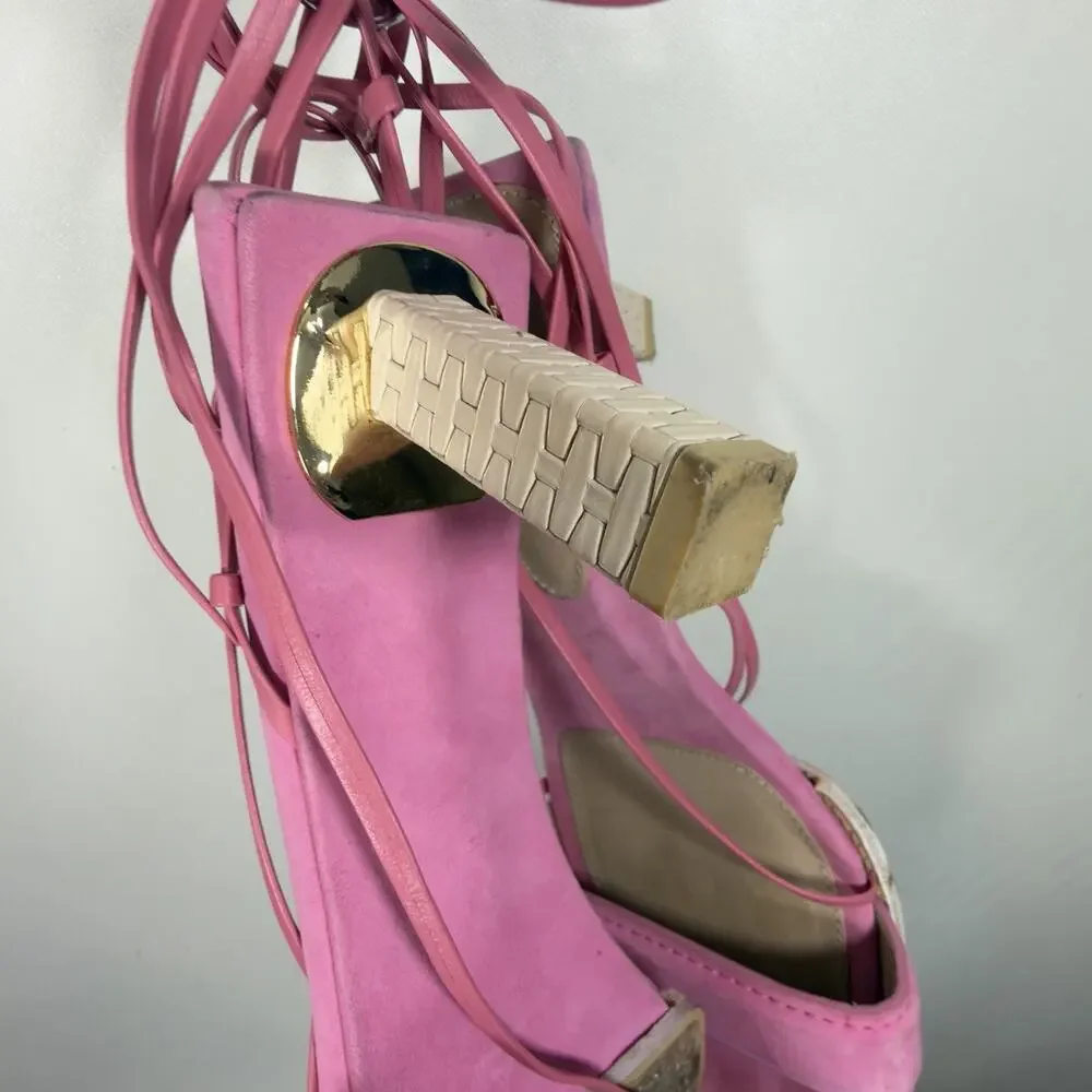 Jacquemus Pink Suede Ankle Tie Block Heel Sandals Size 8 UK 39 - Picture 6 of 15